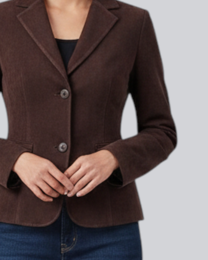 Luna Moda brown velvet blazer with button closure worn by a woman with dark hair paired with blue jeans and heels
