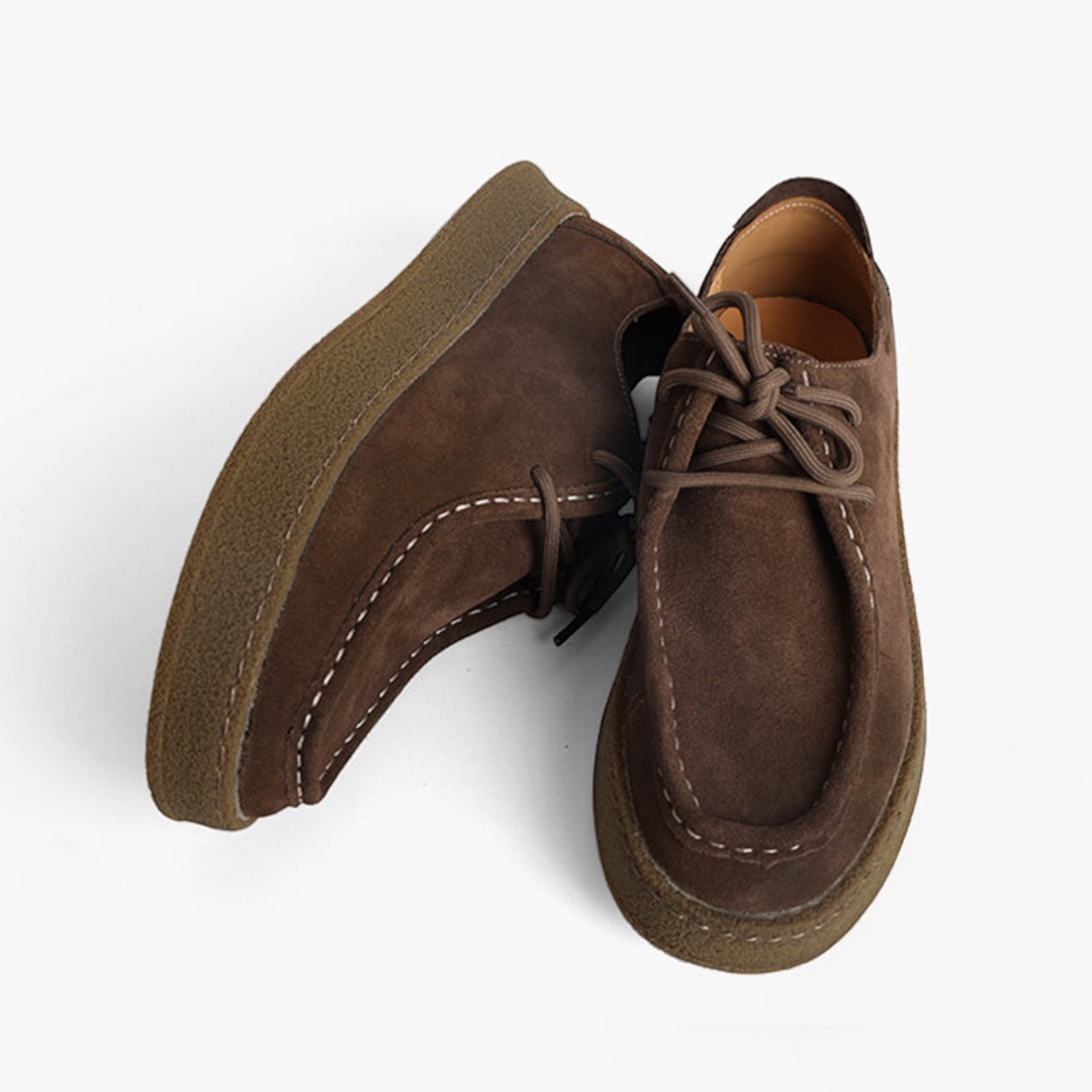 Luna Moda BRYAN brown suede leather moccasins with contrast stitching and thick rubber crepe soles