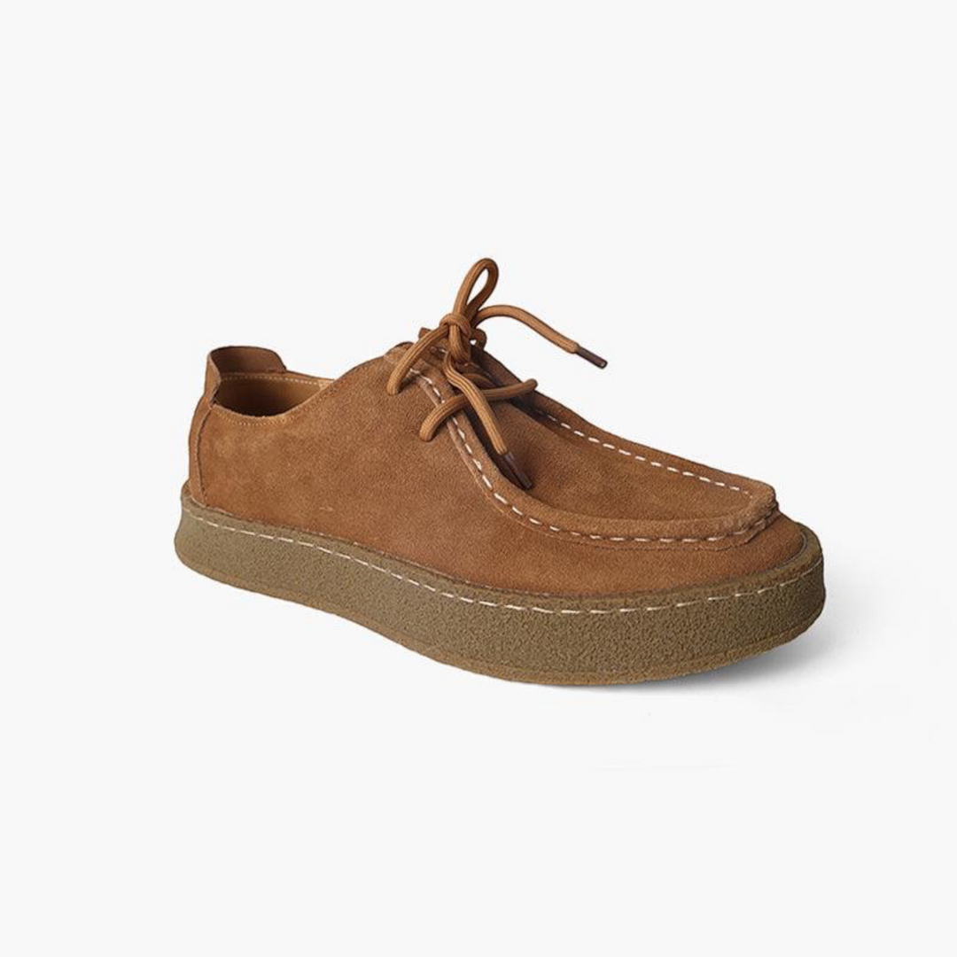 Luna Moda BRYAN brown calf suede slip-on moccasins with delicate stitching and a durable rubber platform sole.