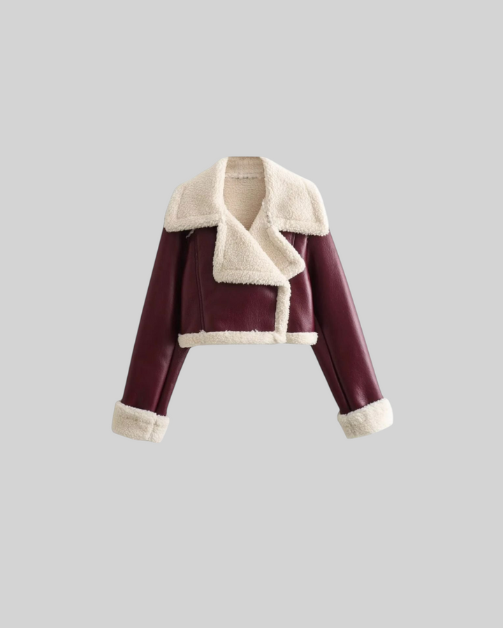 Luna Moda cropped jacket in deep burgundy faux leather with a cream-colored soft fleece collar and cuffs.