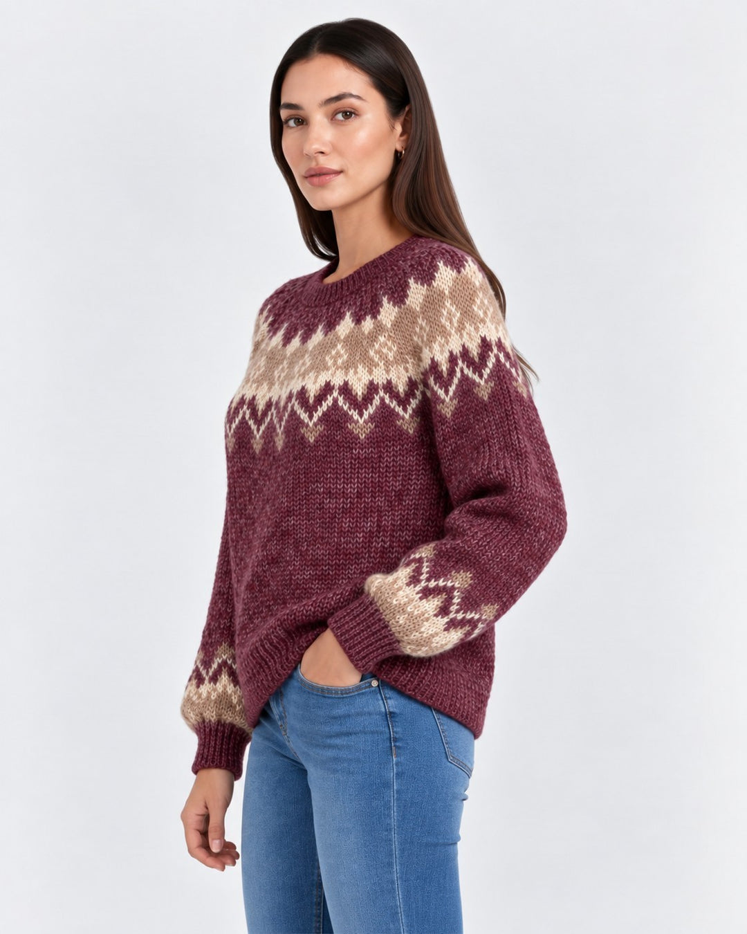 Luna Moda handmade knit sweater in burgundy and beige with a traditional Nordic pattern worn by a woman