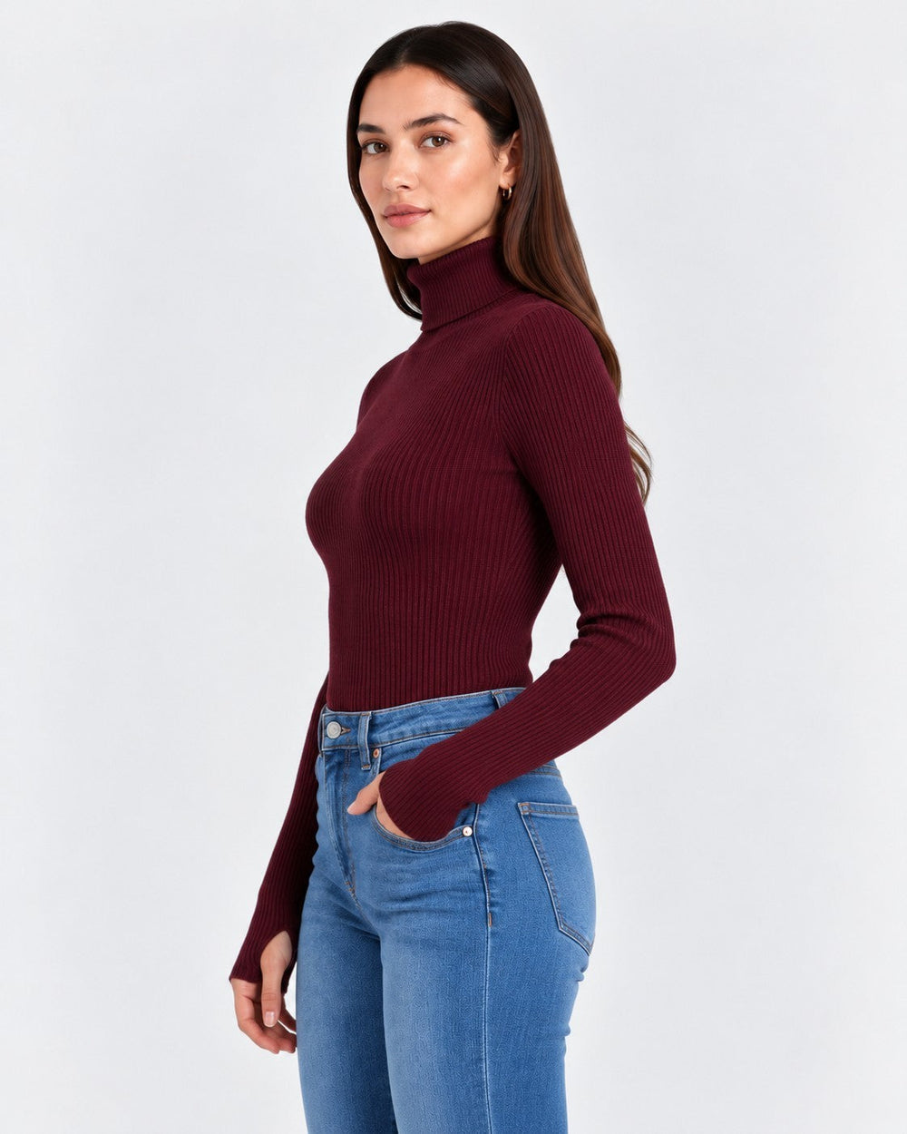 Luna Moda Stefania burgundy ribbed turtleneck sweater worn by a woman with blue jeans