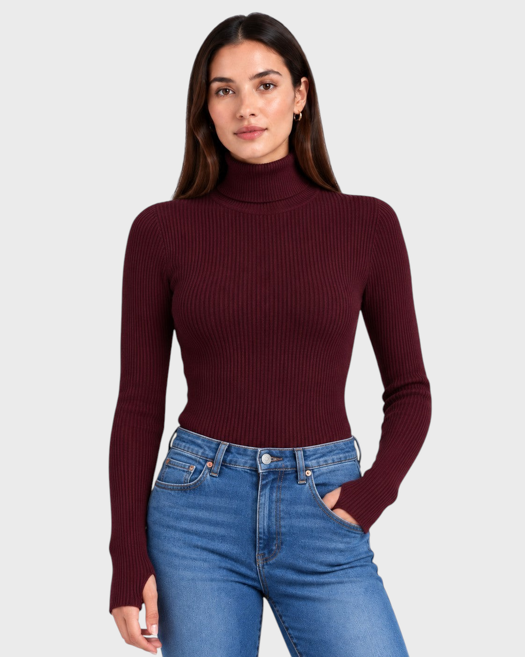 Stefania – Maglione a coste con collo alto in bordeaux | Luna Moda