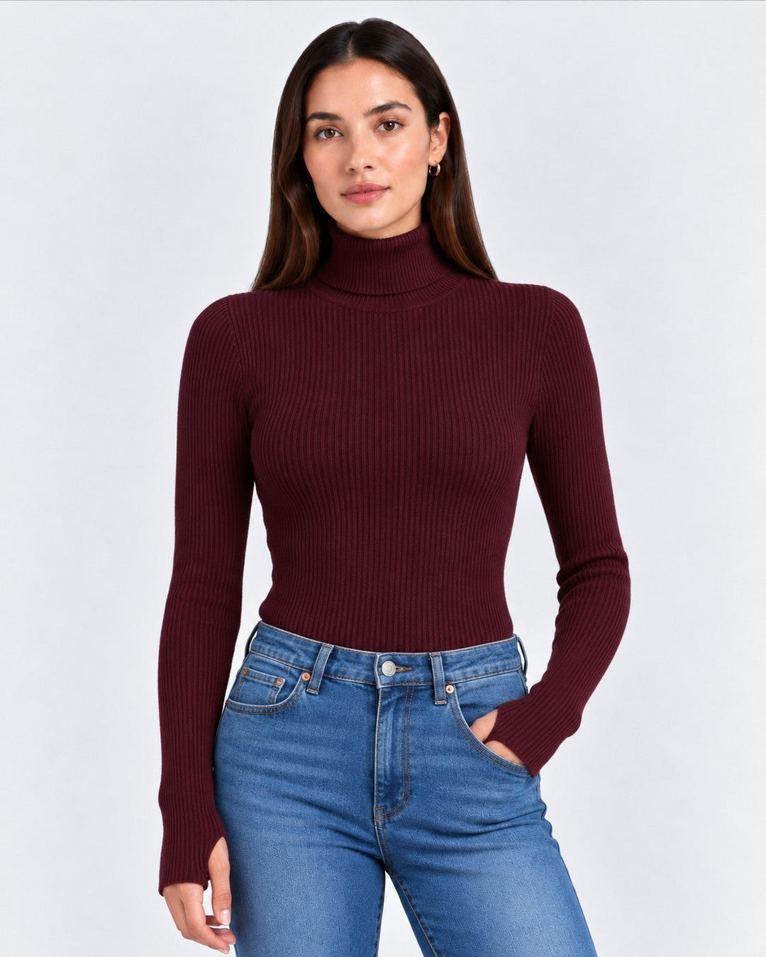 Luna Moda burgundy ribbed turtleneck sweater worn by a model with blue jeans for a chic transitional look.