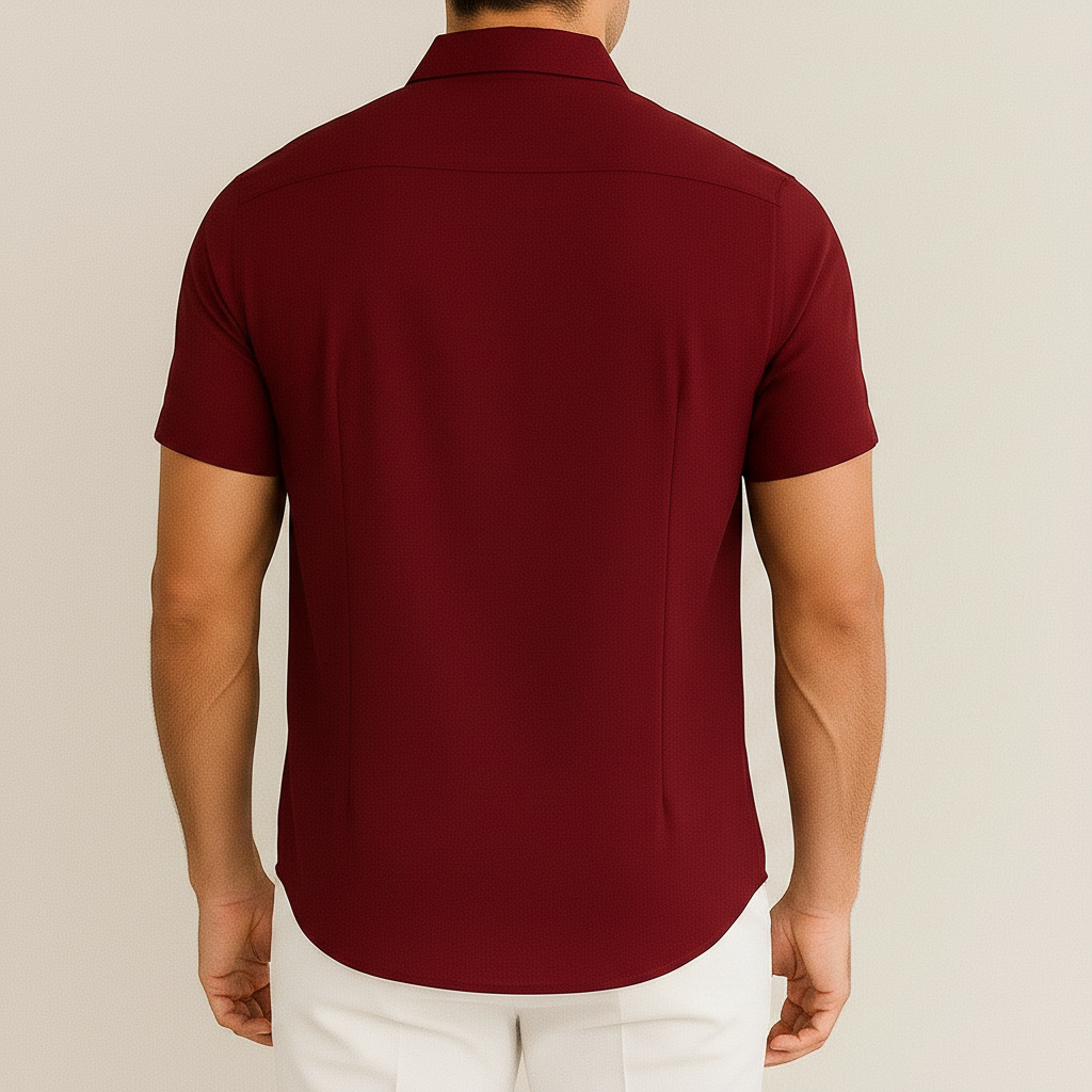 Back view of a Luna Moda men's short-sleeve burgundy business casual shirt in non-iron fabric with a regular fit.