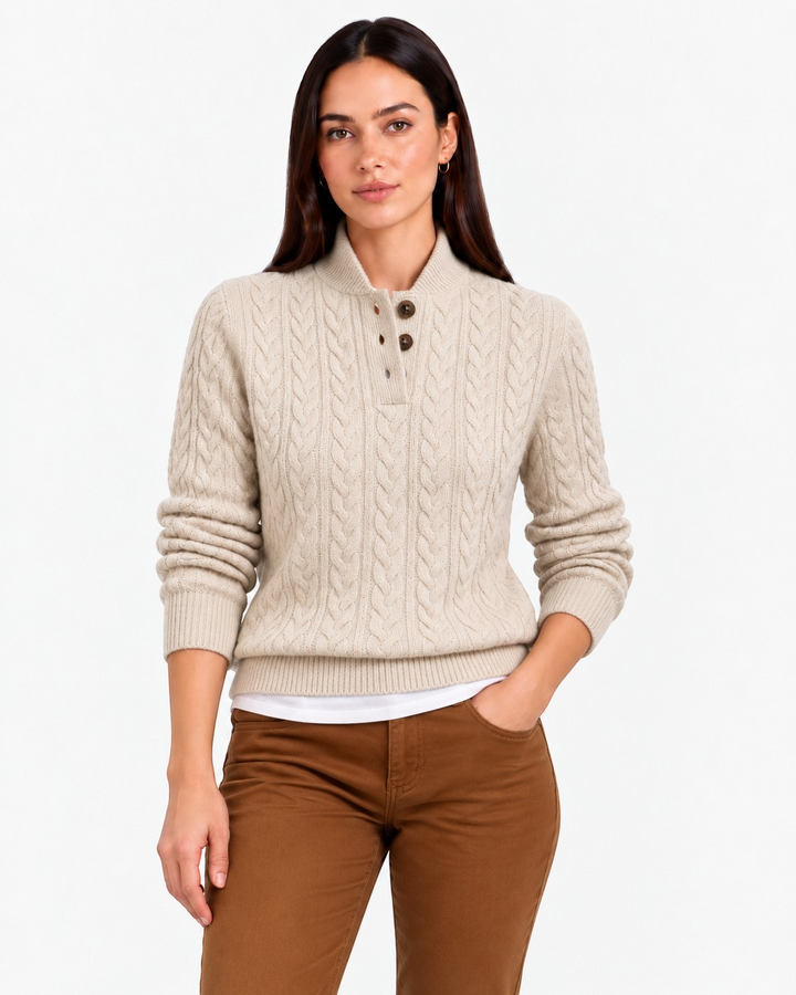 Monica – Maglione con collo alto e bottoni in cammello | Luna Moda