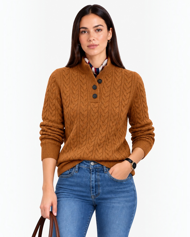 Luna Moda camel wool-blend cable knit sweater with high neck and three-button closure worn by a woman with jeans.