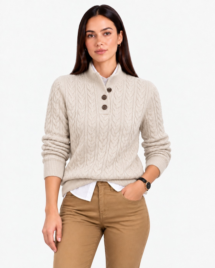 Luna Moda camel cable-knit sweater with high neck and three buttons worn by a woman over a white collared shirt.