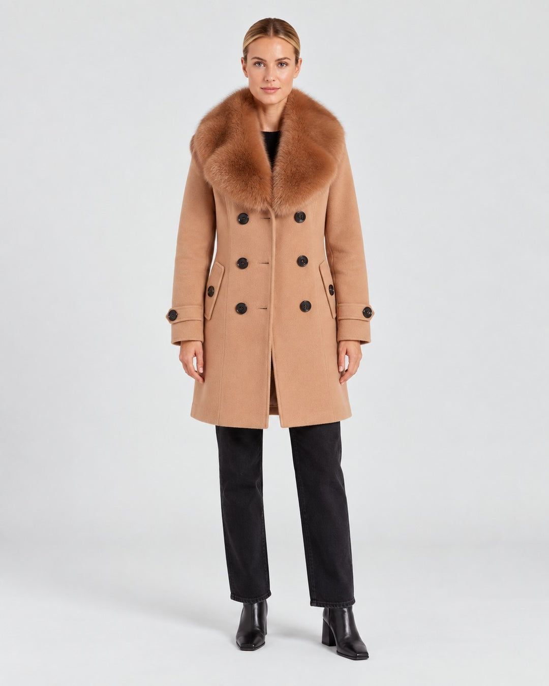 Luna Moda short camel coat with a faux fur collar and double-breasted button closure worn by a model