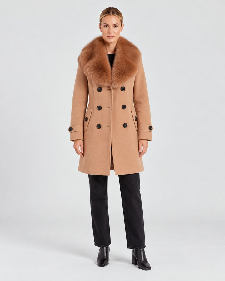 Luna Moda short camel coat with a faux fur collar and double-breasted button closure worn by a model