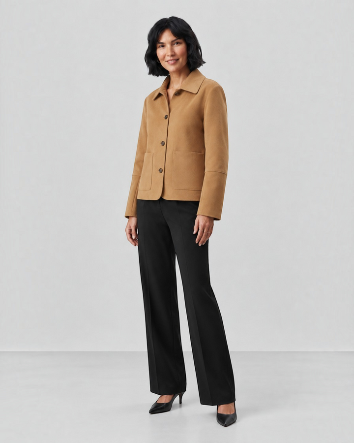 Luna Moda Julie camel short button-up jacket worn by a woman with black trousers and heels