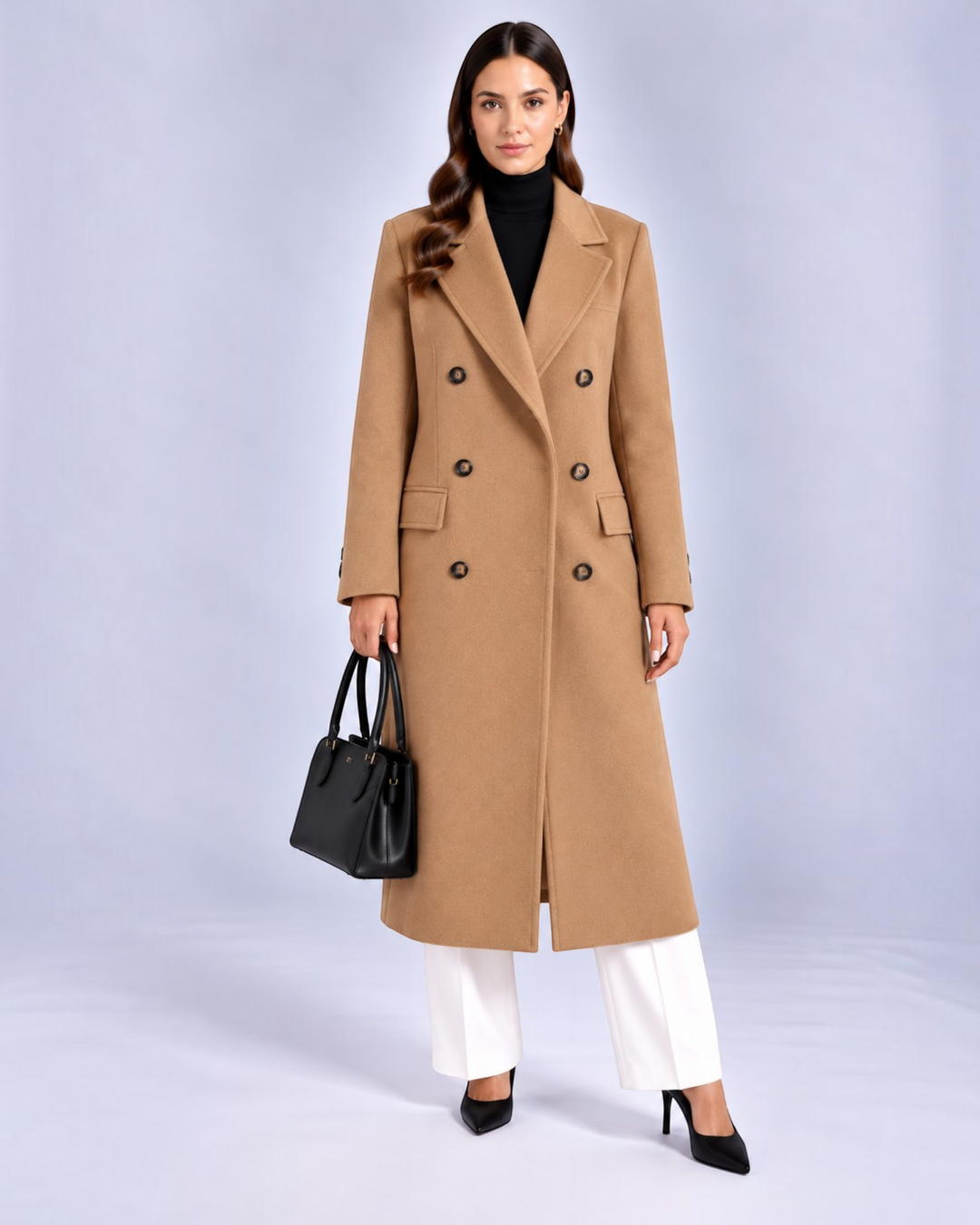 Luna Moda Giuditta camel wool double-breasted trench coat worn by a model with a black handbag and heels