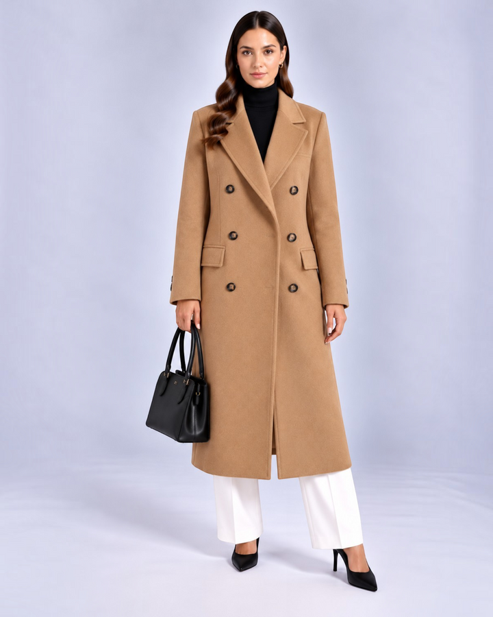 Luna Moda Giuditta camel wool double-breasted trench coat worn by a model with a black handbag and heels