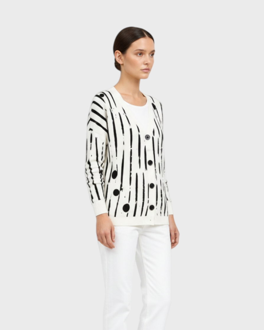 Luna Moda Camilla knit cardigan with black vertical brushstroke print, V-neck, and front button closure.