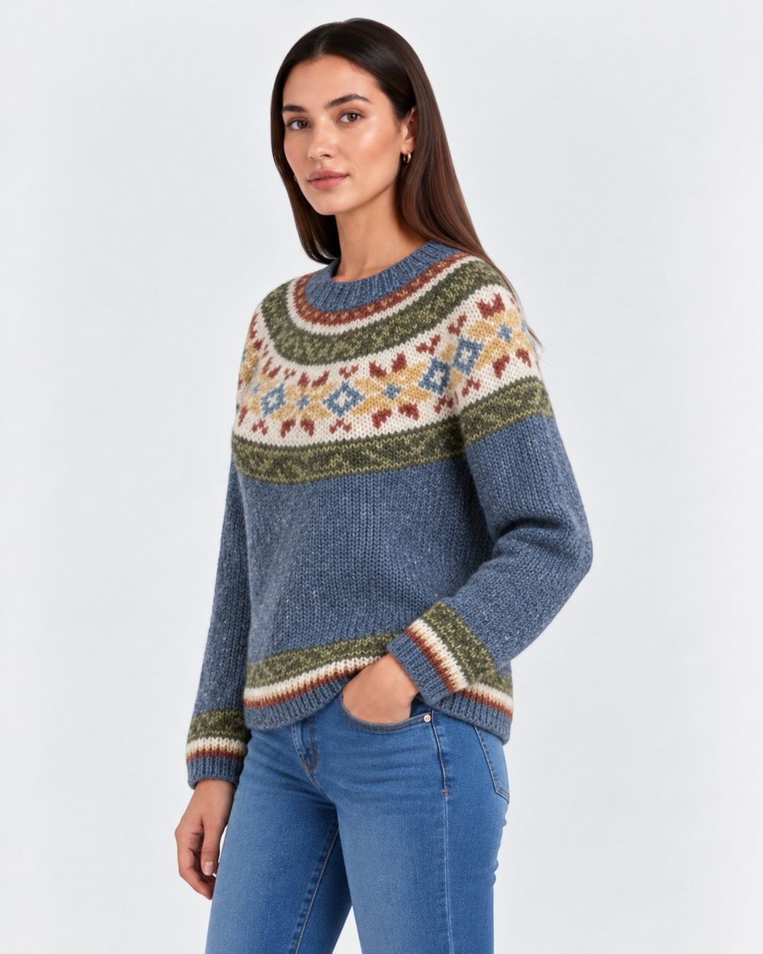 Luna Moda Carla handmade blue jacquard knit sweater with traditional Icelandic pattern worn by a model