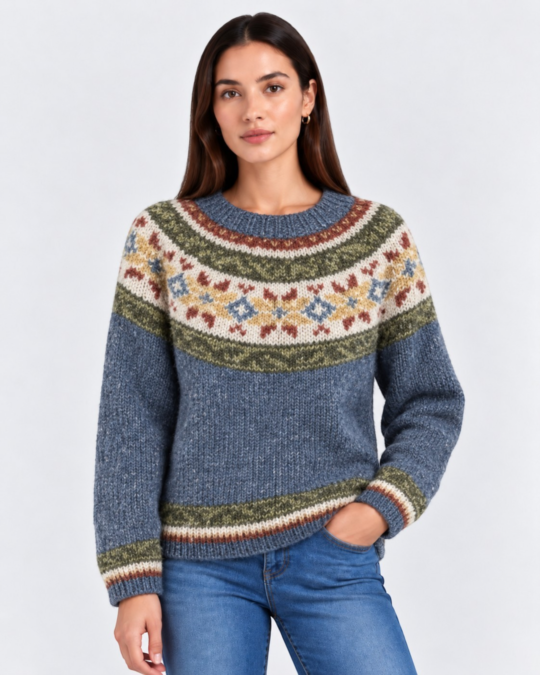 Luna Moda Carla handmade Icelandic sweater with blue, green, and cream jacquard pattern on a model