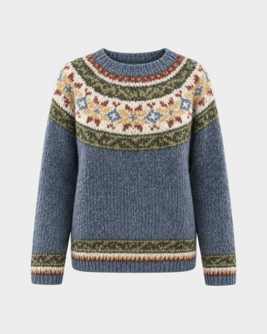 Luna Moda Carla handmade Icelandic sweater in blue with a multi-colored jacquard pattern on the yoke and hem.