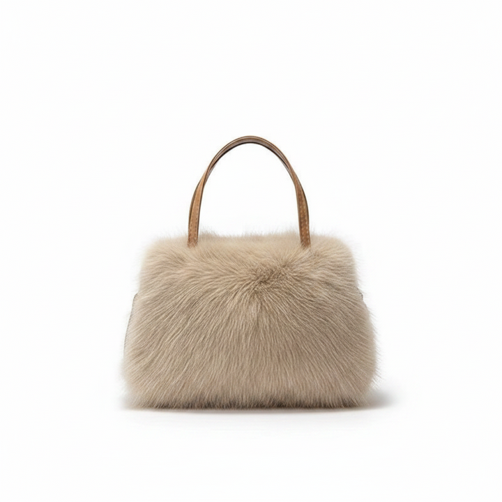 Luna Moda Carlotta small beige faux fur handbag with a structured handle, elegant and compact design.