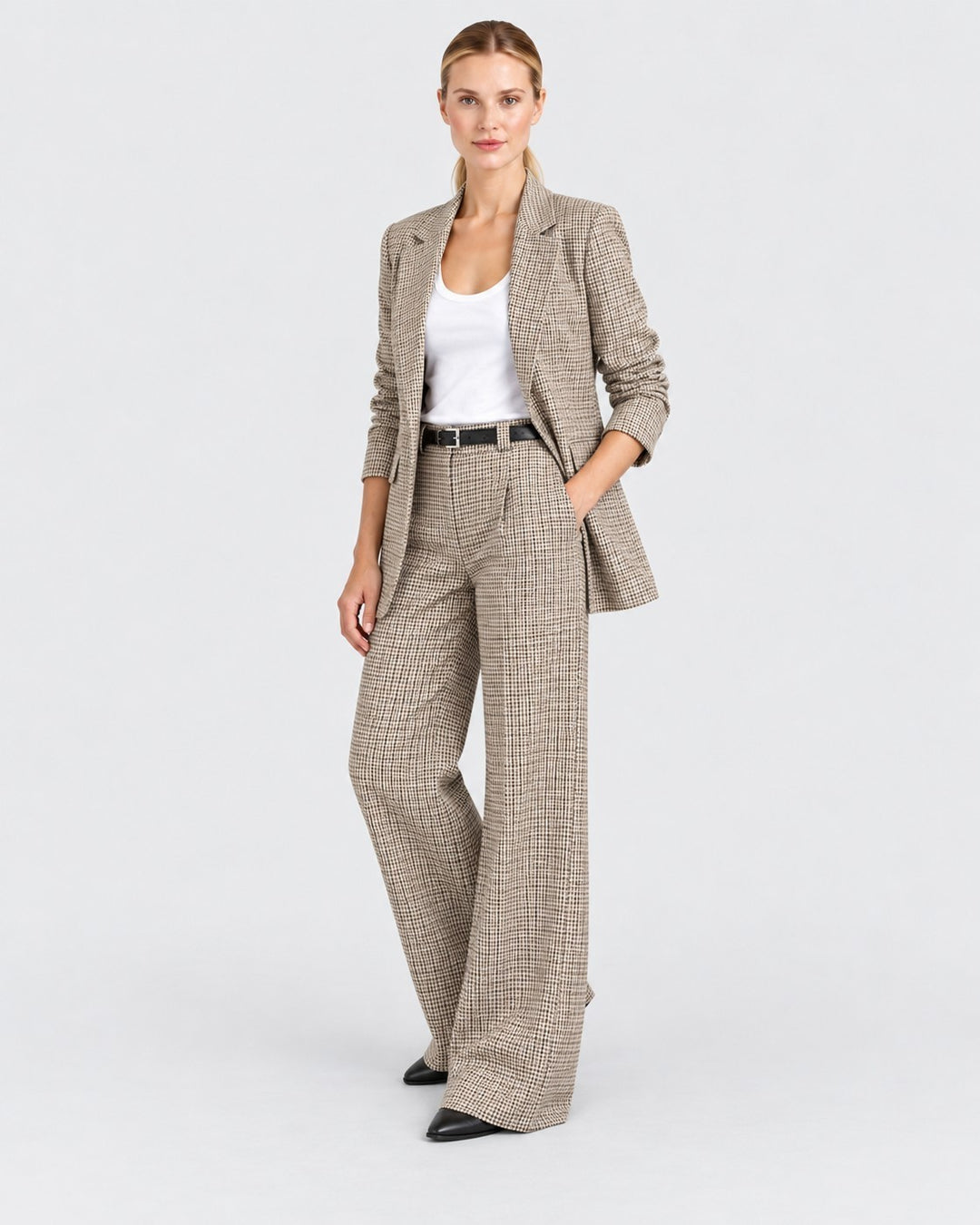 Luna Moda Carlotta beige plaid suit with a blazer and wide-leg trousers worn by a model with a white top