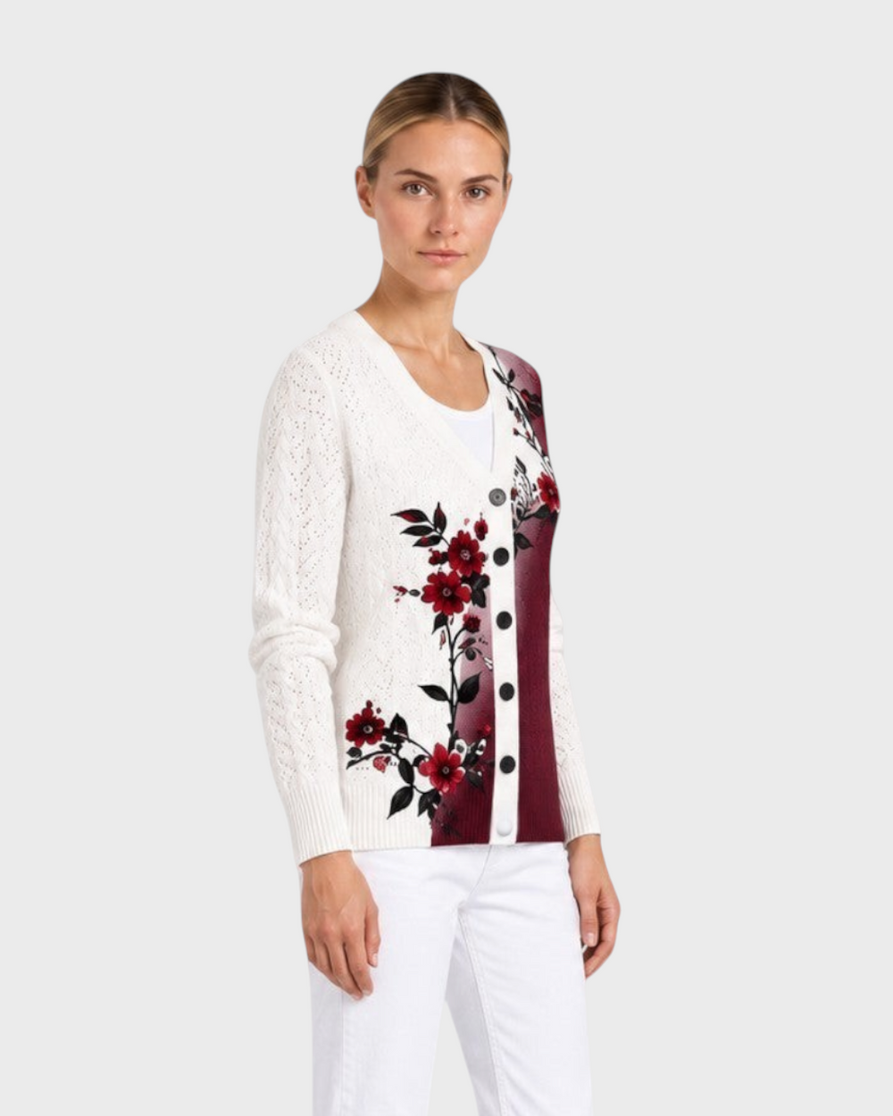 Luna Moda Carlotta cardigan in cream knit with burgundy floral print and button-down front worn by a model