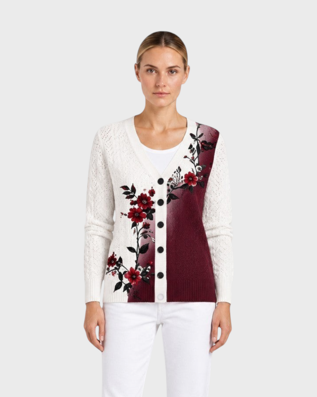 Luna Moda Carlotta cardigan in cream and burgundy knit with floral embroidery and button-down front on a model.