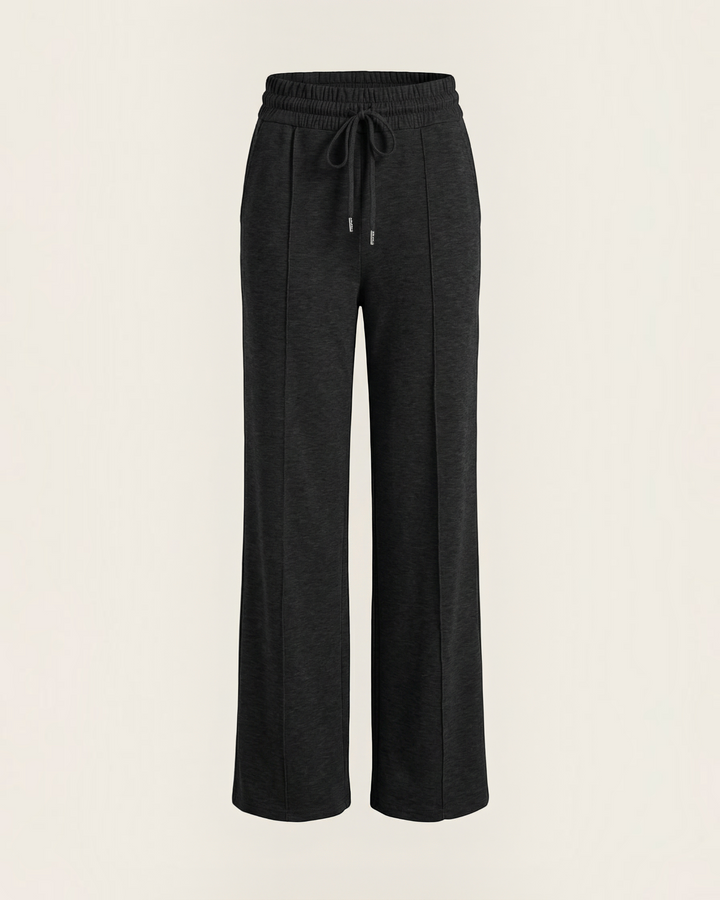 Luna Moda black high-waisted palazzo pants with wide legs, elastic drawstring waist, and front seam detailing.