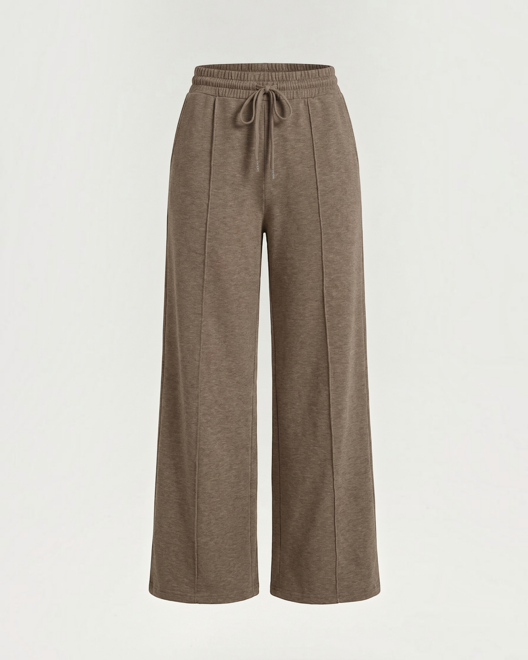 Luna Moda Ada high-waisted brown palazzo pants with wide legs, adjustable drawstring waist, and front seam detailing.
