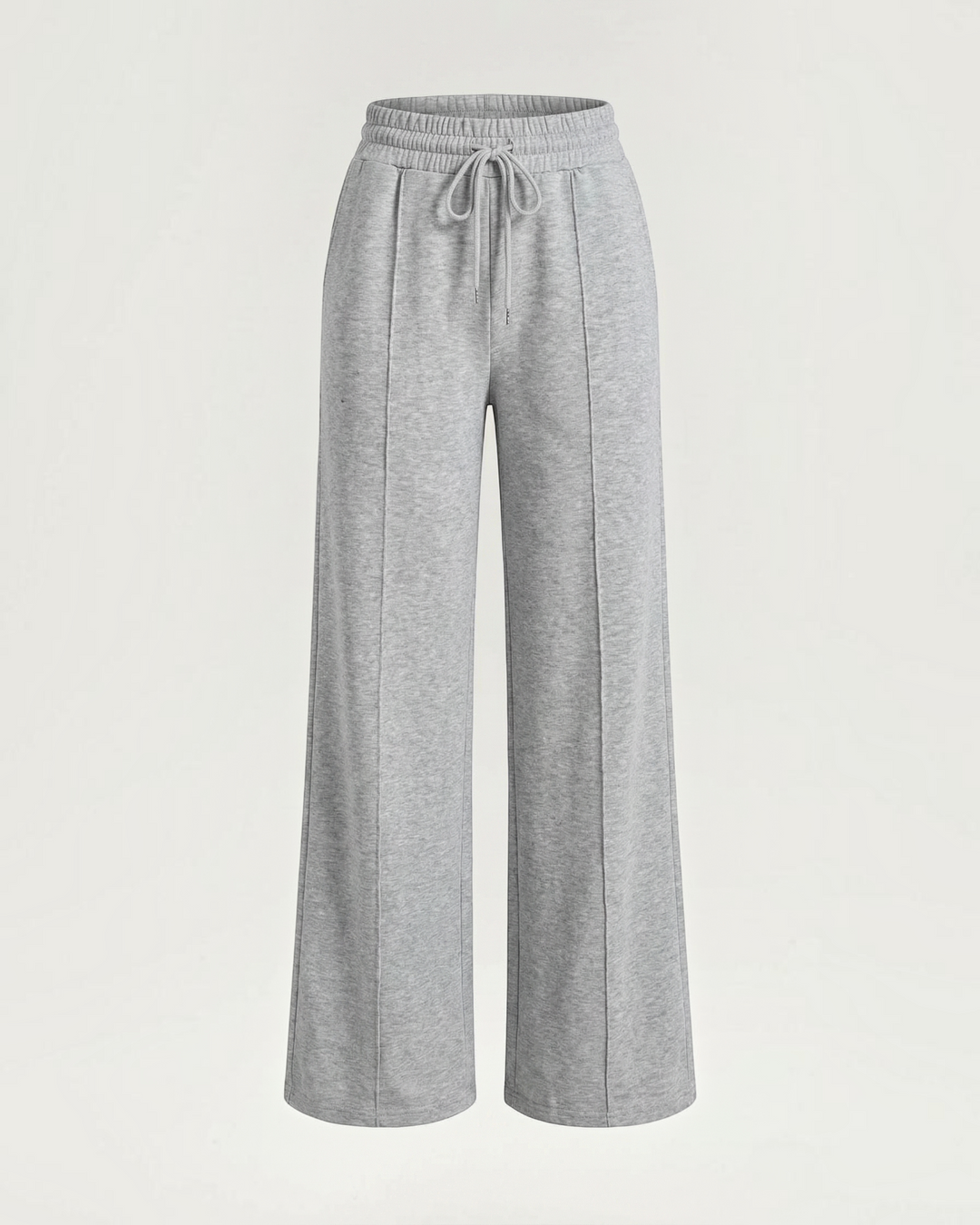 Luna Moda grey high-waisted palazzo pants with wide legs, drawstring waist, and elongating front seam details.