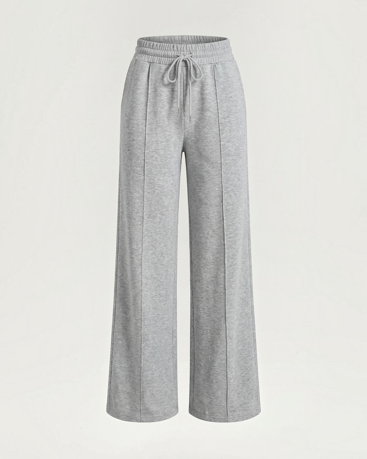 Luna Moda grey high-waisted palazzo pants with wide legs, drawstring waist, and elongating front seam details.