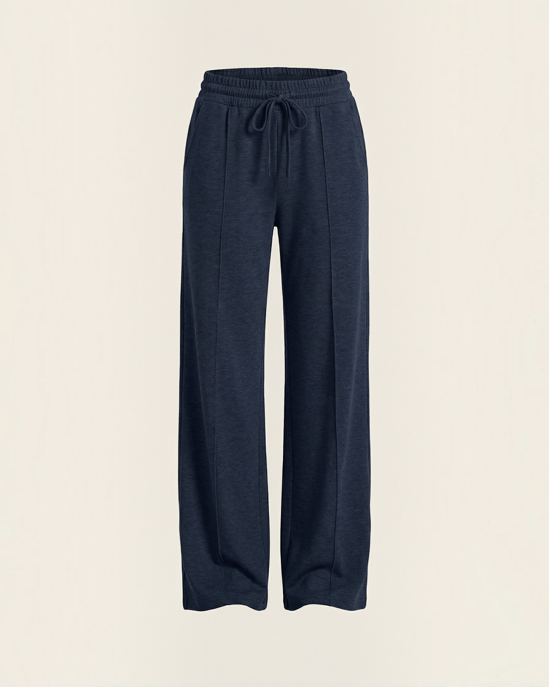Luna Moda high-waisted navy palazzo pants with a drawstring waist, wide legs, and front seam detailing.