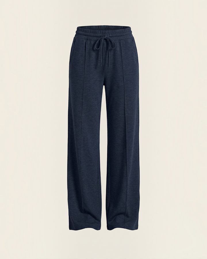 Luna Moda high-waisted navy palazzo pants with a drawstring waist, wide legs, and front seam detailing.