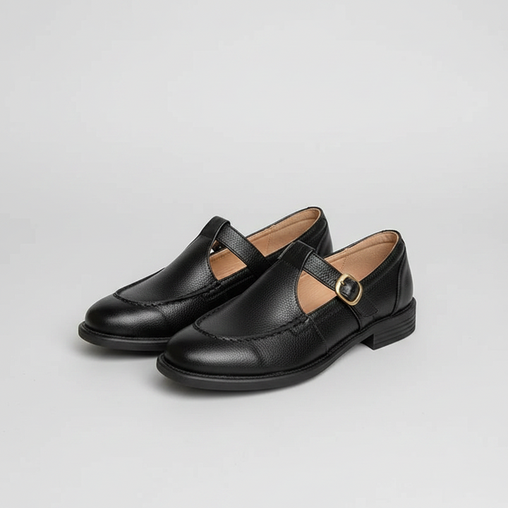 Luna Moda Catarina black leather Mary Jane shoes with a buckled strap and a stable low block heel.