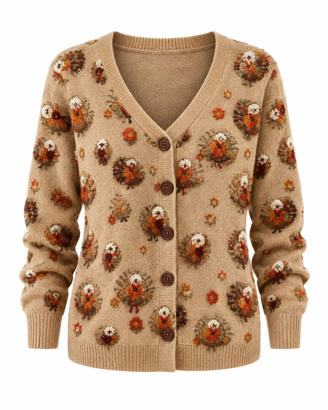 Luna Moda Celia beige knit cardigan with a V-neck, button-down front, and colourful floral pattern.