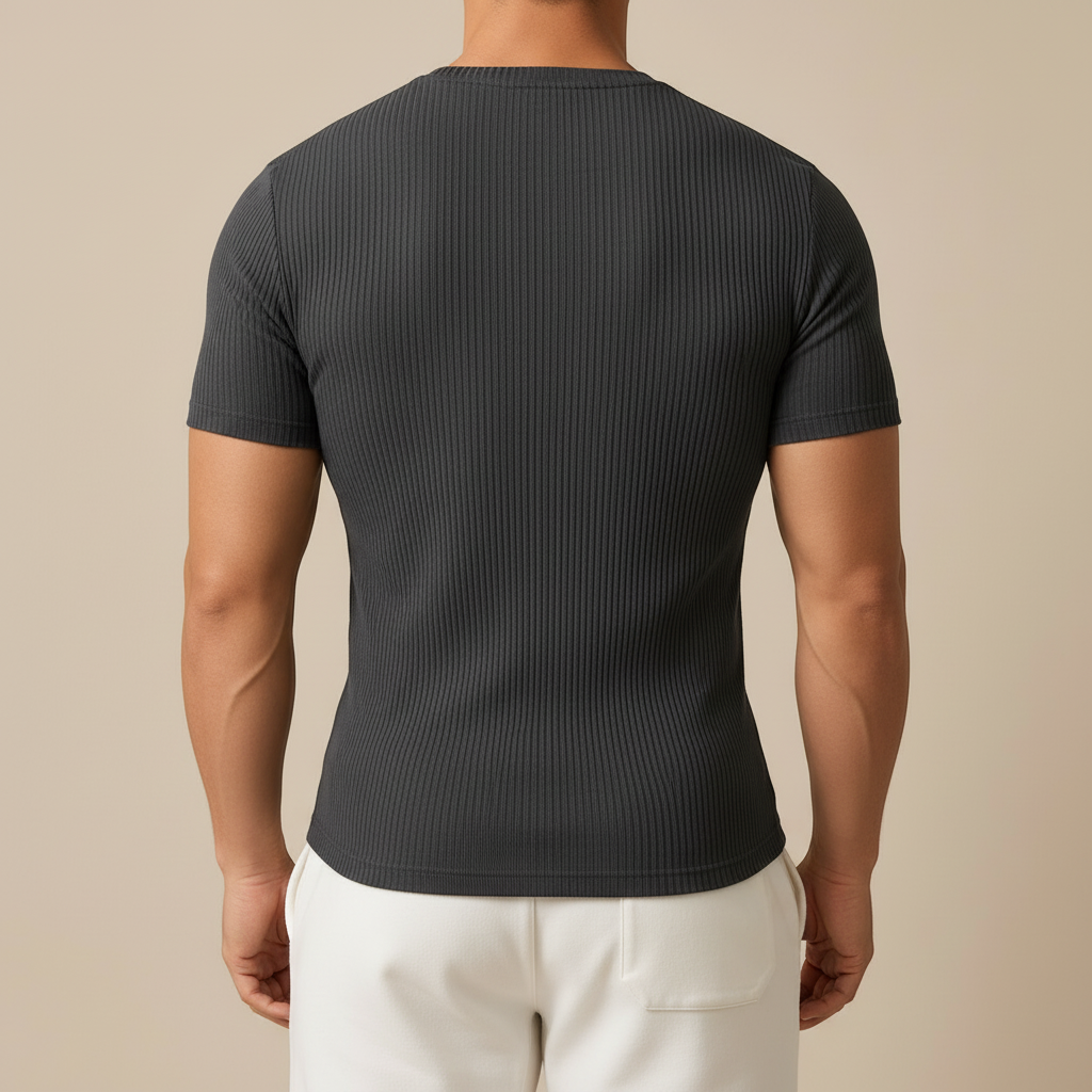 Luna Moda slim fit ribbed charcoal grey sports t-shirt worn by a man, back view showing short sleeves