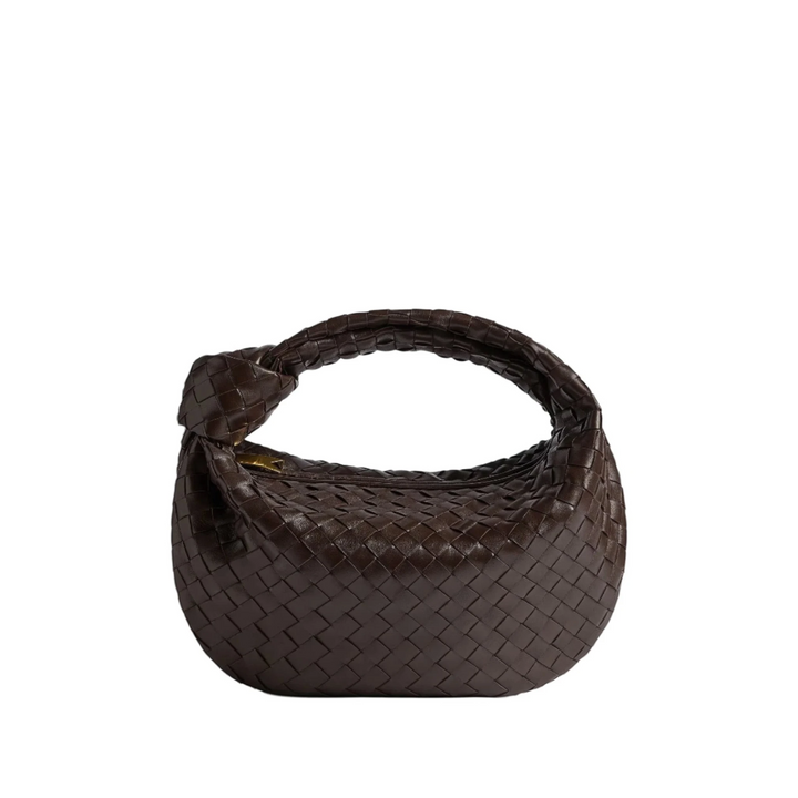 Luna Moda Chelsea dark brown premium vegan leather handbag with a sophisticated woven design and knotted handle