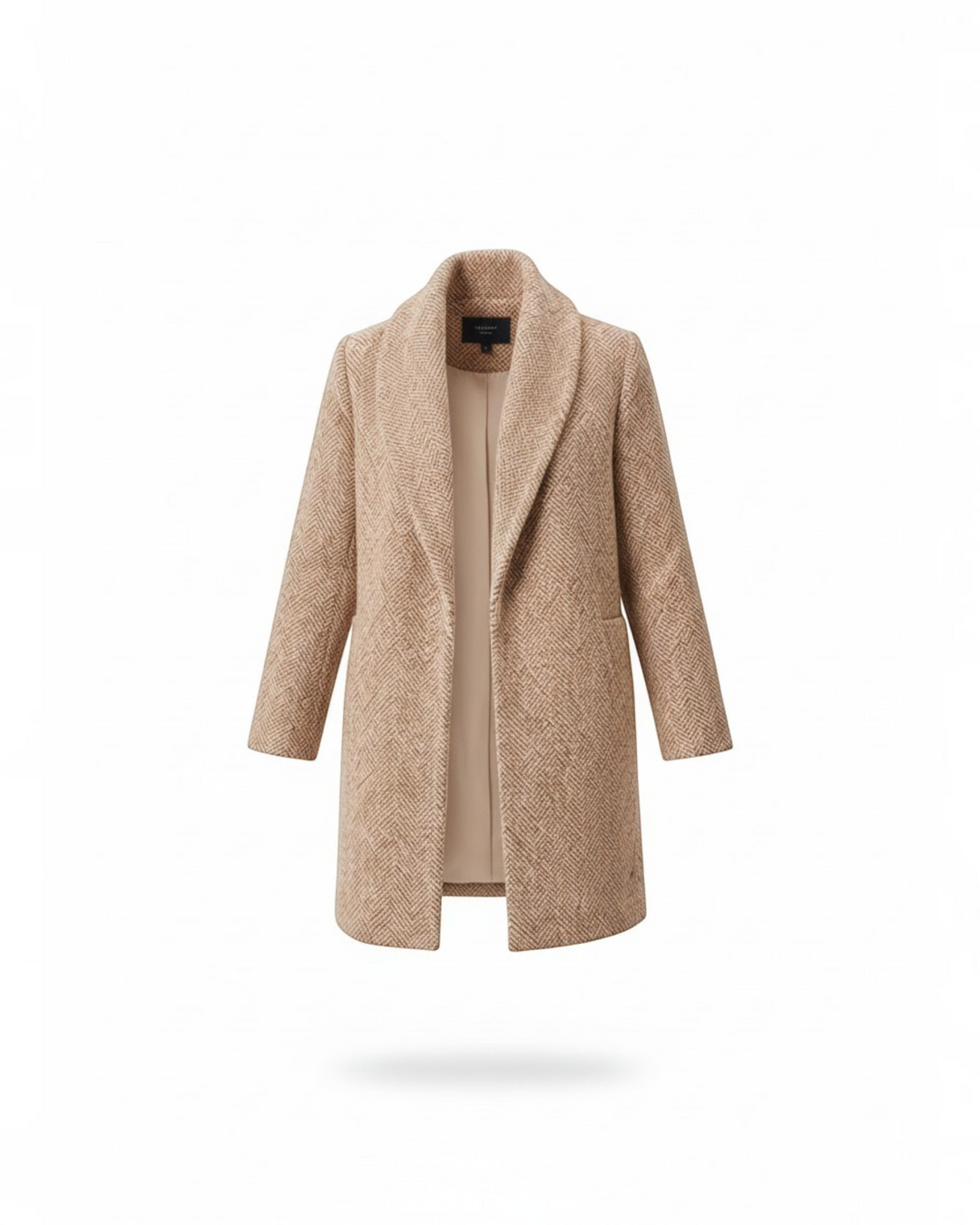Luna Moda Clara classic beige tweed jacket with a shawl collar and herringbone pattern for transitional weather.