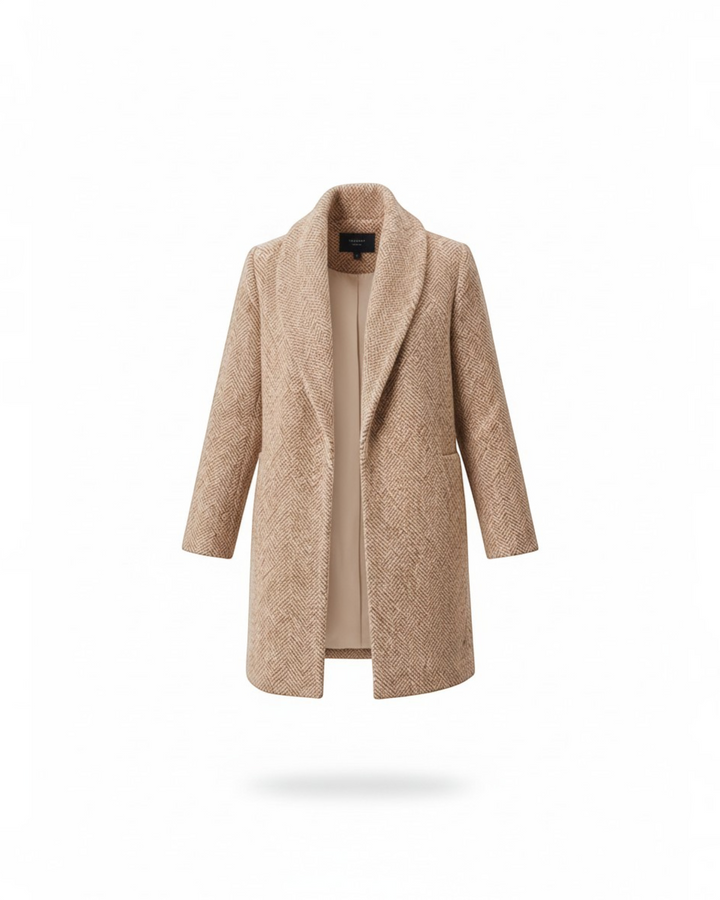 Luna Moda Clara classic beige tweed jacket with a shawl collar and herringbone pattern for transitional weather.