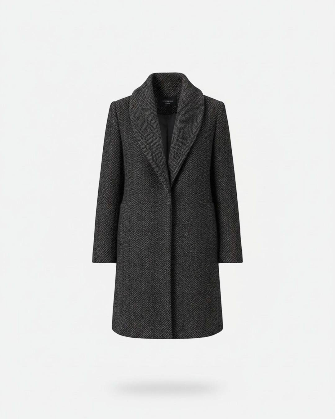 Luna Moda Clara classic charcoal grey tweed coat with a shawl collar and structured fit for transitional seasons.