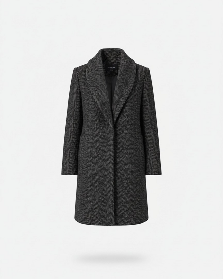 Luna Moda Clara classic charcoal grey tweed coat with a shawl collar and structured fit for transitional seasons.