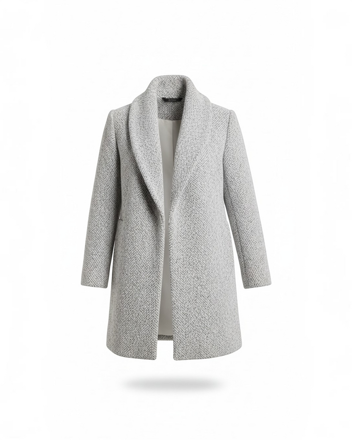 Luna Moda Clara classic grey tweed jacket with a shawl collar, made from a breathable cotton and polyester blend.