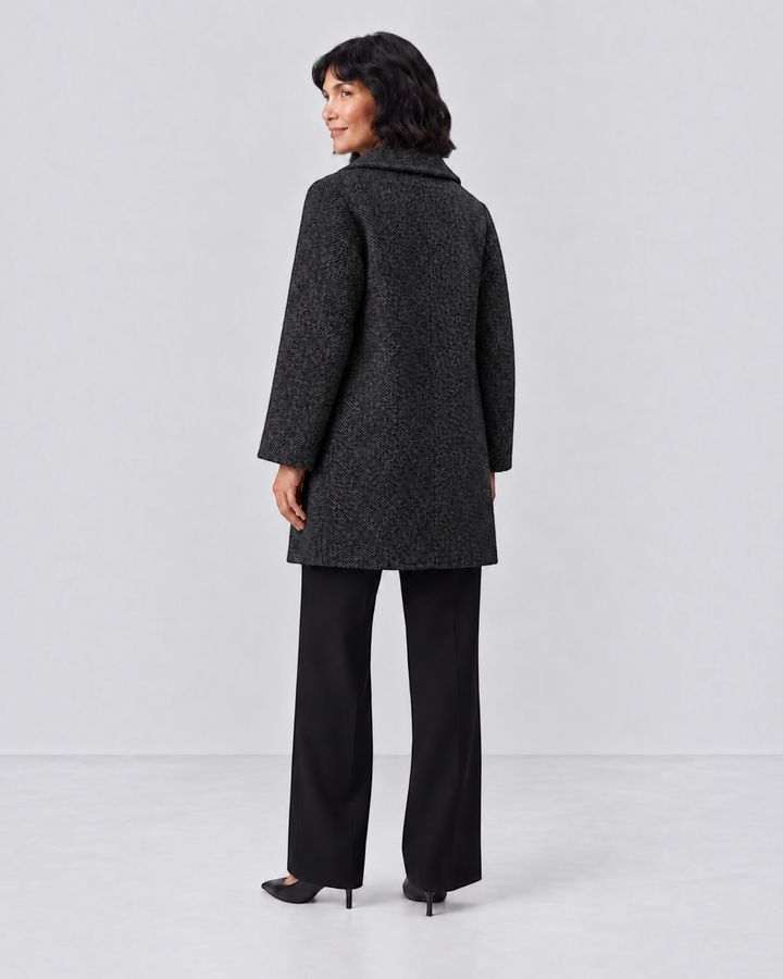 Luna Moda Clara classic tweed jacket in charcoal grey worn by a model, back view showing tailored fit.