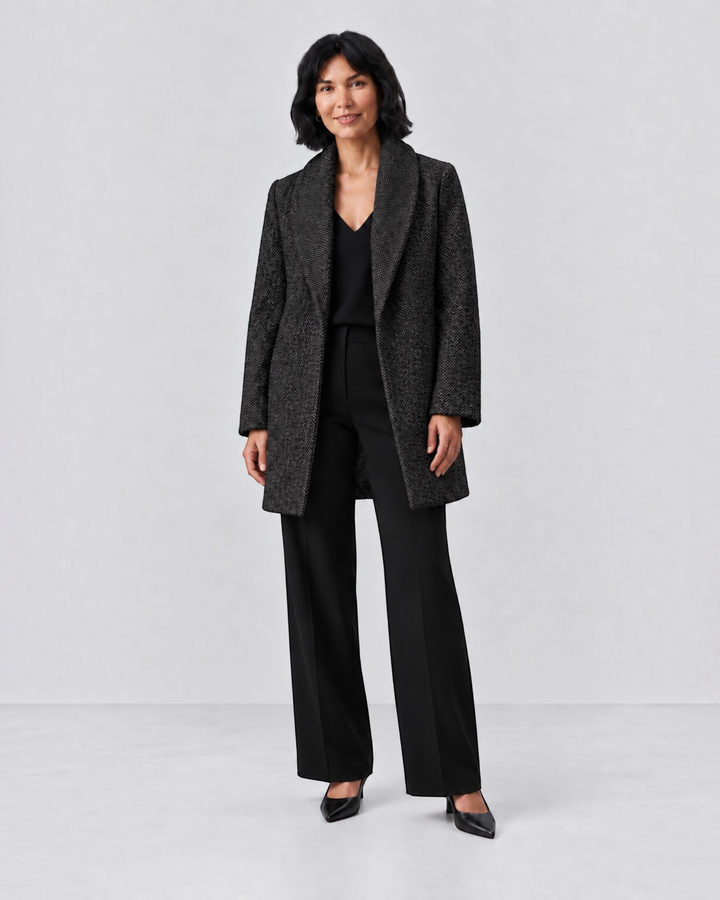 Luna Moda Clara classic tweed jacket in charcoal grey worn by a woman with black trousers and heels