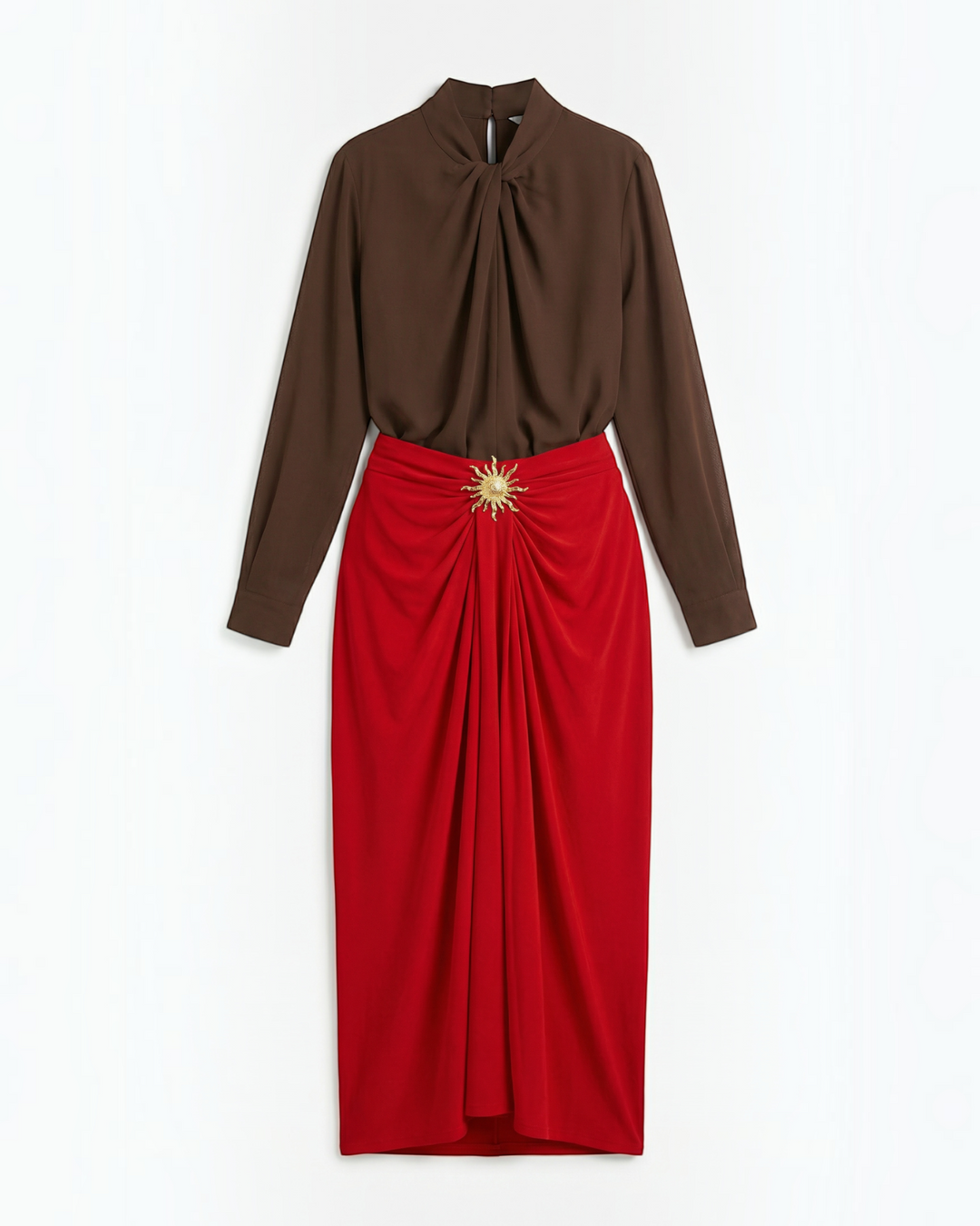 Luna Moda midi skirt in red with front draping and a gold sun-shaped brooch, paired with a brown long-sleeve blouse.