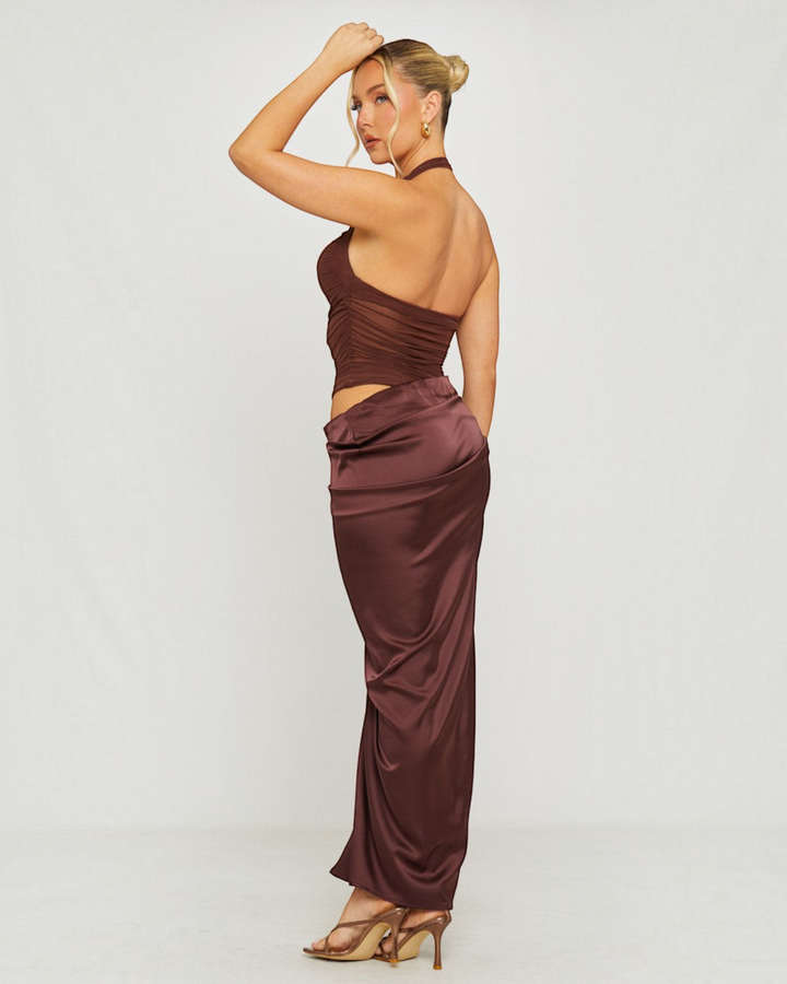 Luna Moda cocoa brown maxi dress with sheer mesh bodice, halter neckline, and silky satin skirt, side view