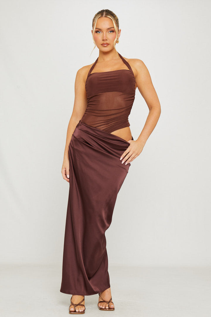Luna Moda cocoa brown maxi dress with a sheer mesh bodice, halter neckline, and flowing satin slip skirt.