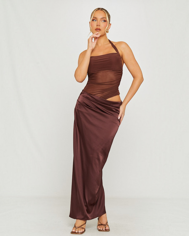 Luna Moda cocoa brown maxi dress with a sheer mesh bodice and silky satin skirt featuring a halter neckline.