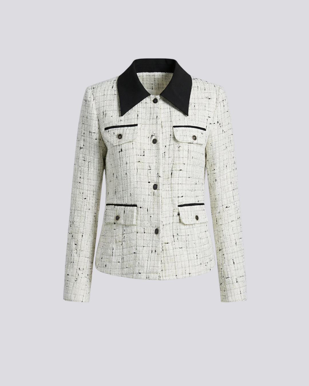 Luna Moda Ida tweed jacket in white with a black contrasting collar and button-down front closure.