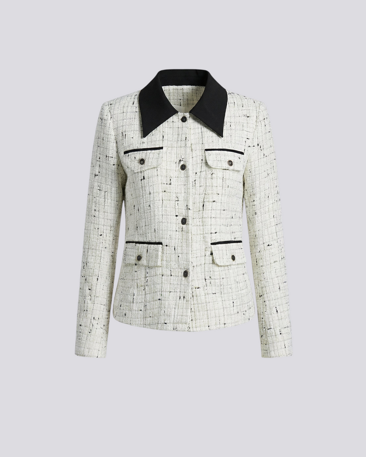 Luna Moda Ida tweed jacket in white with a black contrasting collar and button-down front closure.