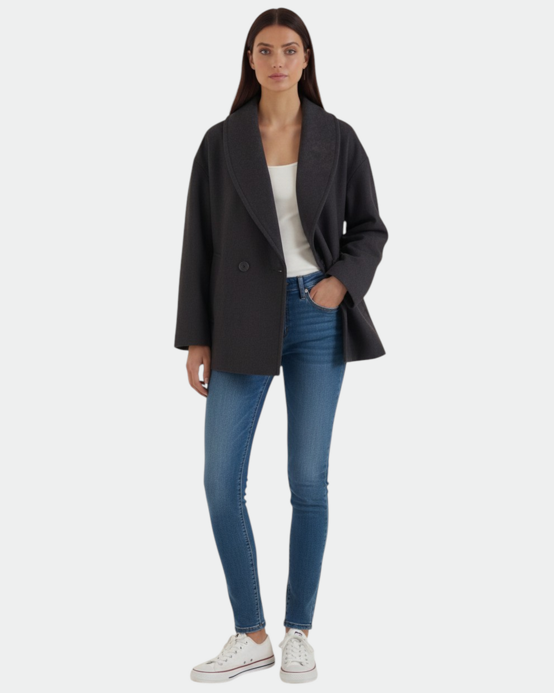 Luna Moda Corinna charcoal grey oversized coat with wide lapels worn by a model with blue jeans and white sneakers