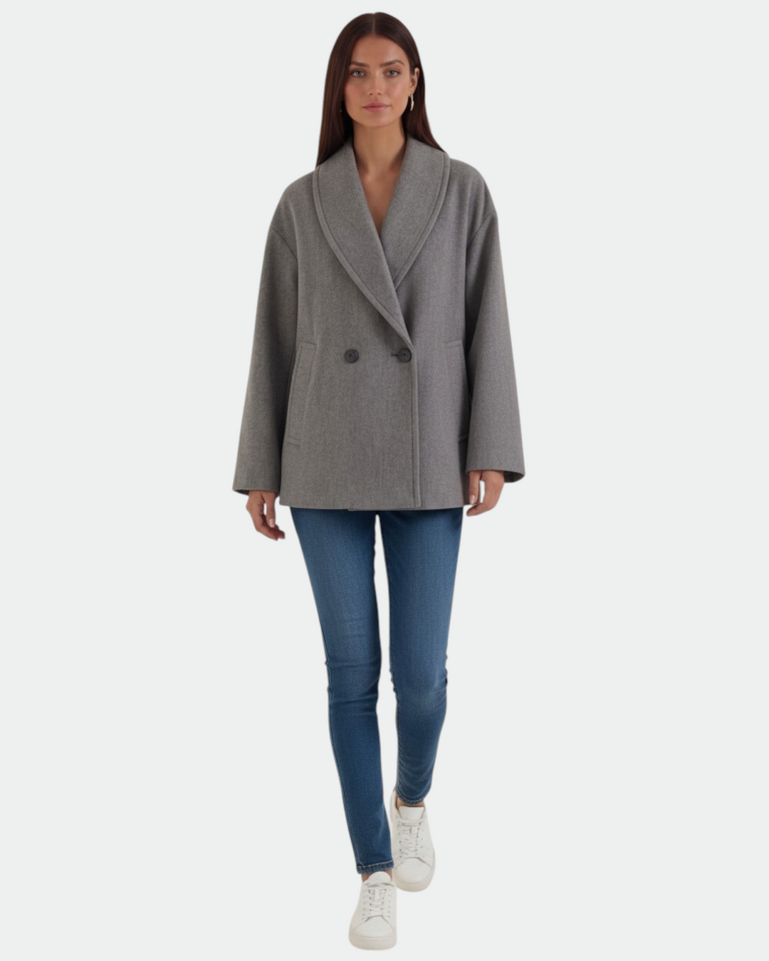 Luna Moda Corinna grey oversized double-breasted coat with wide lapels worn by a model with blue jeans and sneakers